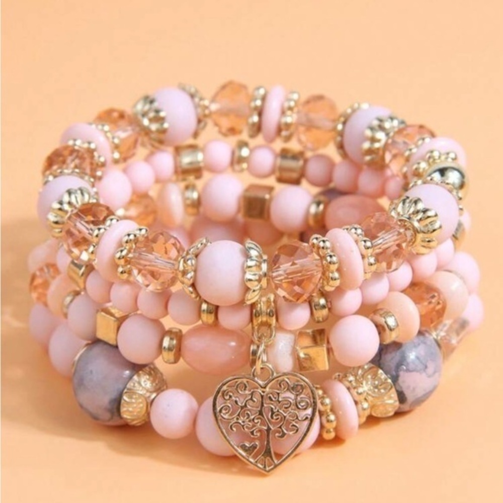 Pink and Gold Tree of Life Beaded Bracelet Set